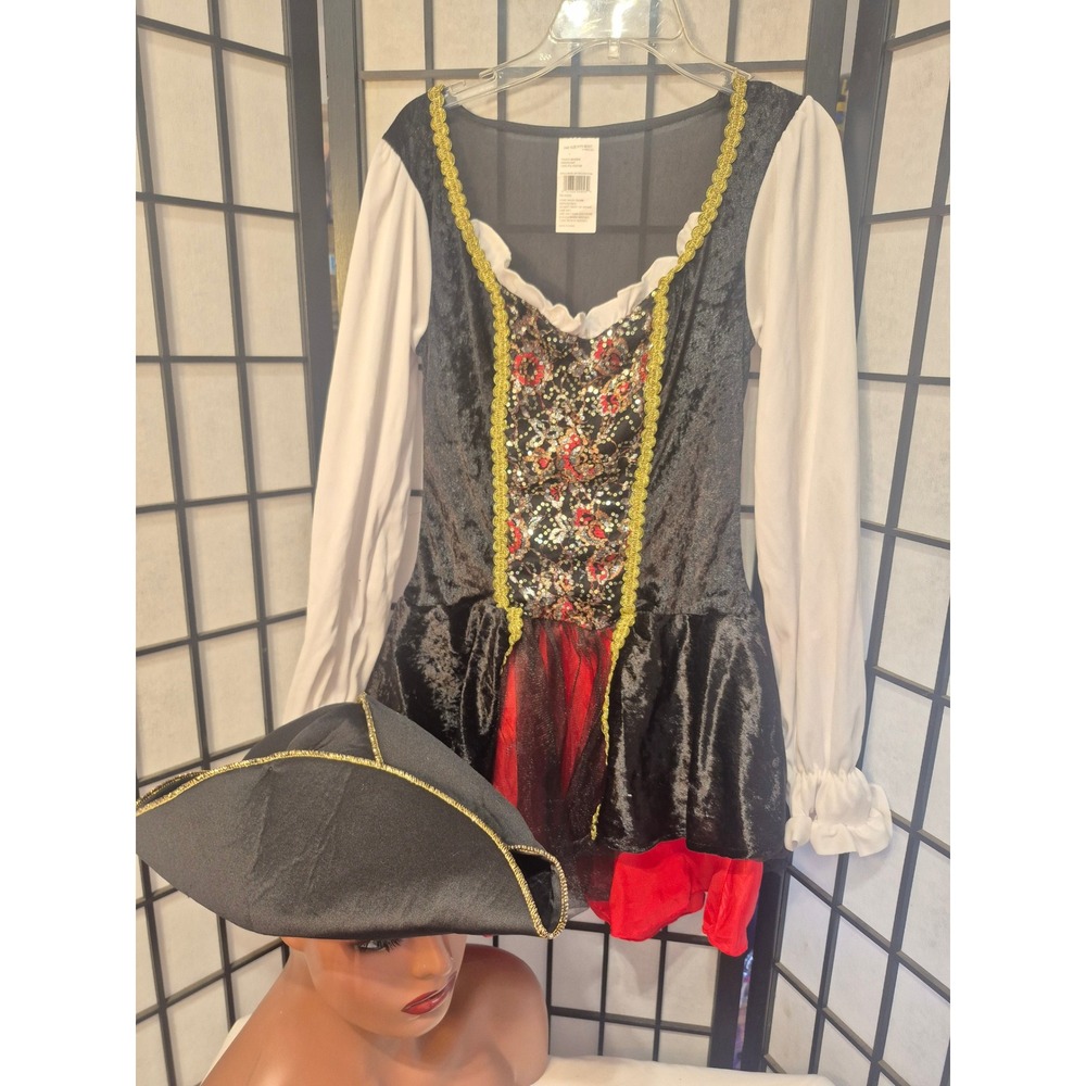 Pirate Maiden Costume Dress and Hat Set Black Red Gold One Size /size 6-8 adult